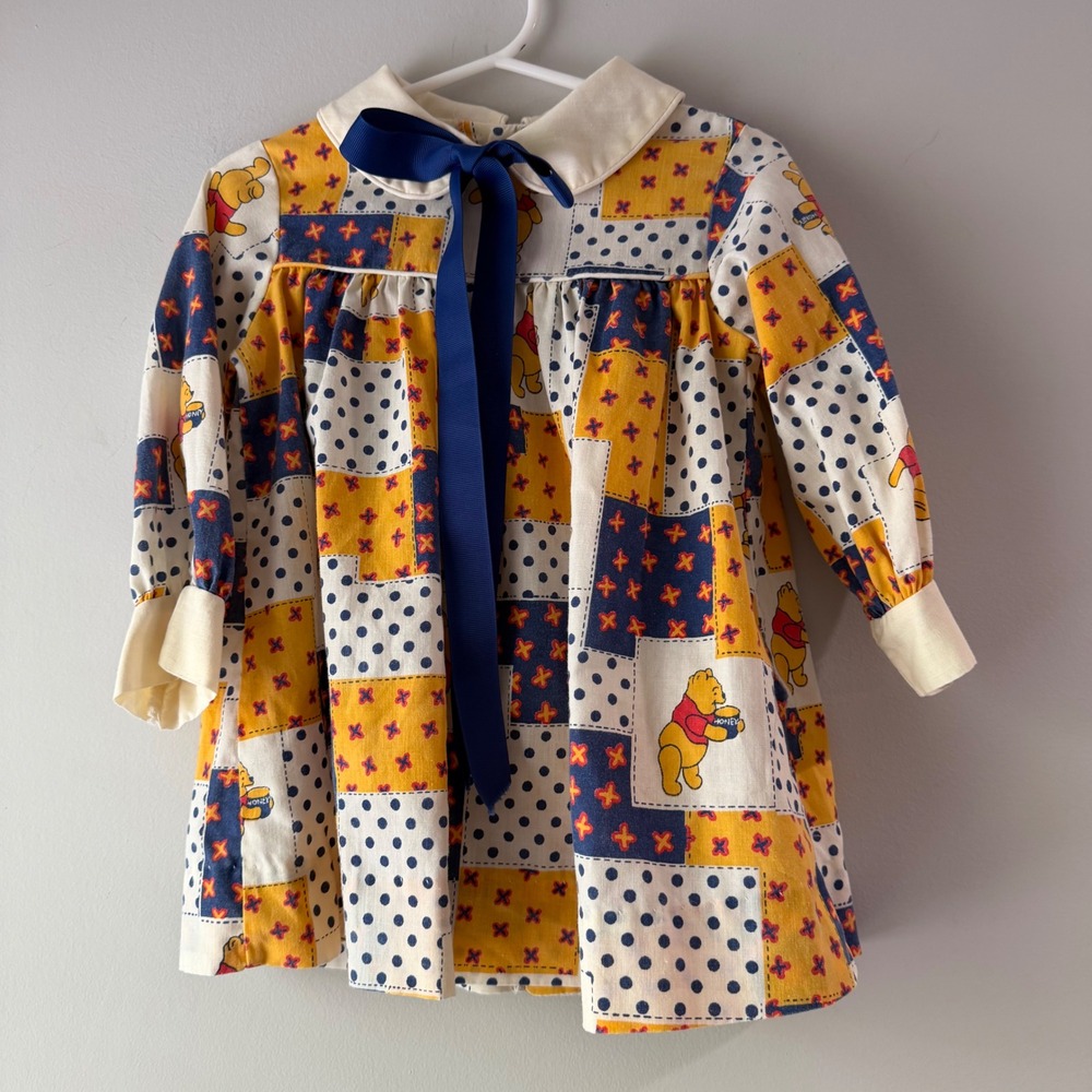 Vintage 1970s Sears Winnie the Pooh Dress Toddler 3T Yellow Patchwork Bow